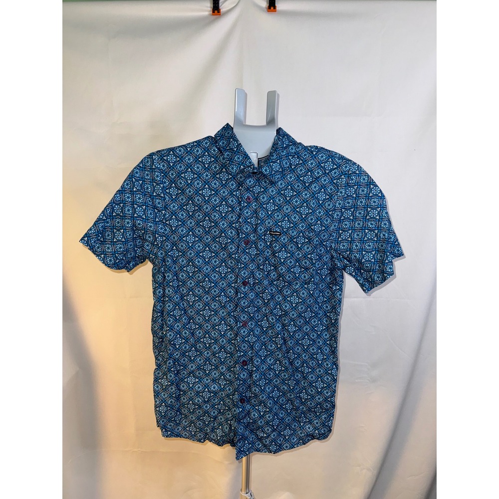 Volcom Mens Blue Geometric Floral Mandala Print Short Sleeve Button Down Shirt S